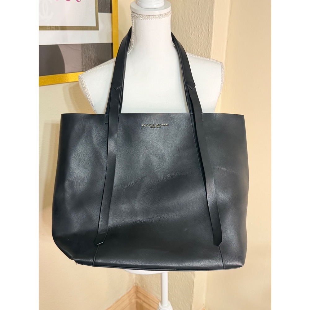 Donna Karan New York Black Leather Tote Bag Gold Logo Minimalist Shoulder Bag